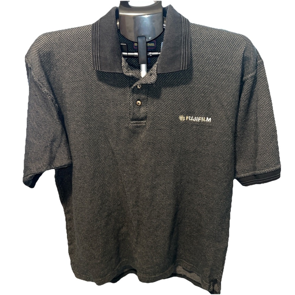 Vintage Identity Apparel Black Textured Polo Shirt Medium Fujifilm Embroidered